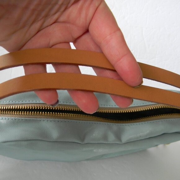 NWT JACK GOMME PARIS LEBOWL LINEN/LEATHER BOWLING BAG LIGHT BLUE CROSSBODY - Picture 9 of 12